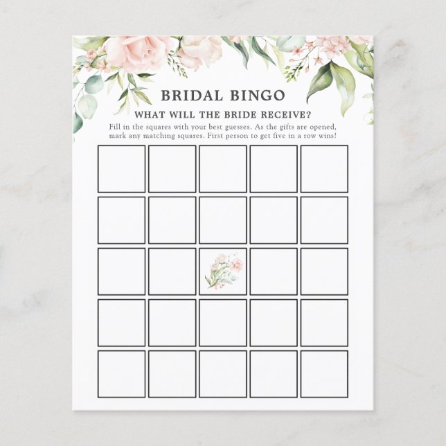 Blush Florals and Greenery Bridal Bingo Game Card (Front)