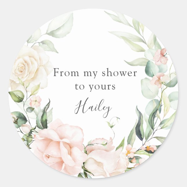 Blush Florals and Greenery Bridal Shower Classic Round Sticker (Front)