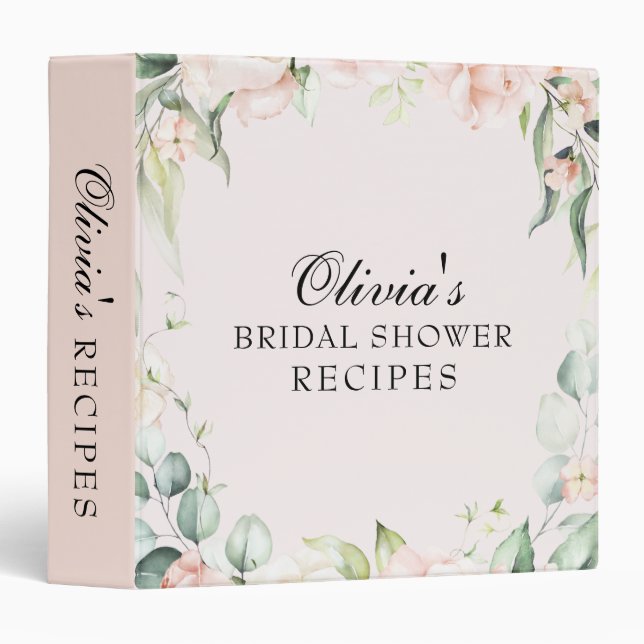 Blush Florals and Greenery Bridal Shower Recipe 3 Ring Binder (Front/Spine)