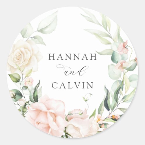 Blush Florals and Greenery Wedding Classic Round Sticker