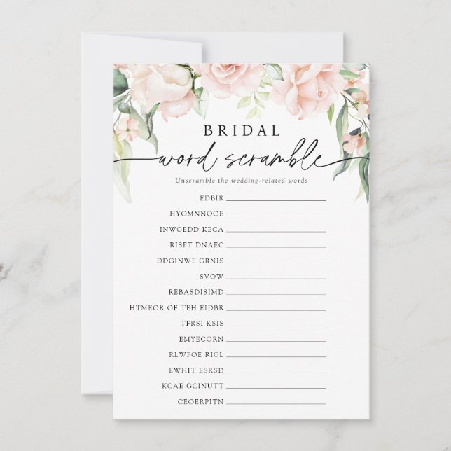 Blush Florals Bridal Word Scramble Game Card (Front)