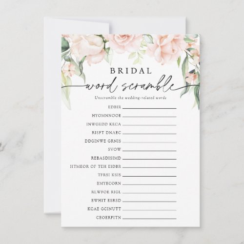 Blush Florals Bridal Word Scramble Game Card