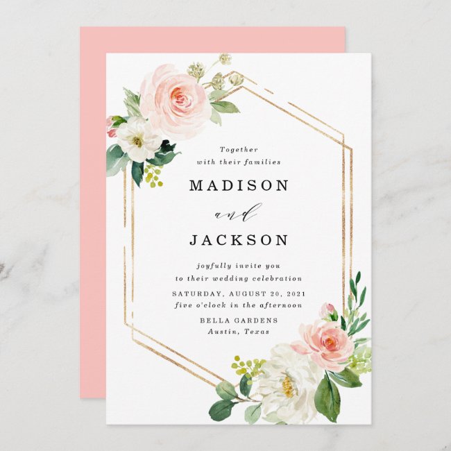 Blush Florals | Gold Frame Wedding Invitation