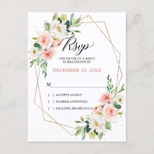 Blush Florals Gold Modern Geometric Frame RSVP Postcard