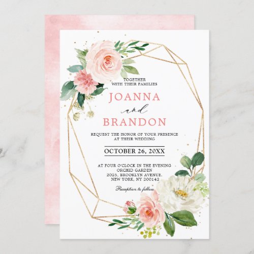 Blush Florals Gold Modern Geometric Frame Wedding Invitation