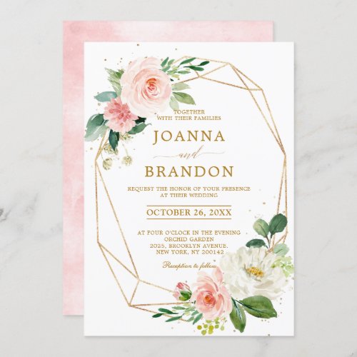 Blush Florals Gold Modern Geometric Frame Wedding Invitation