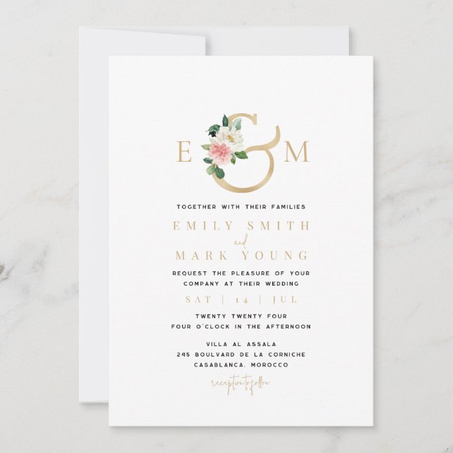 Blush Florals & Gold, Monogram Wedding Invitation (Front)