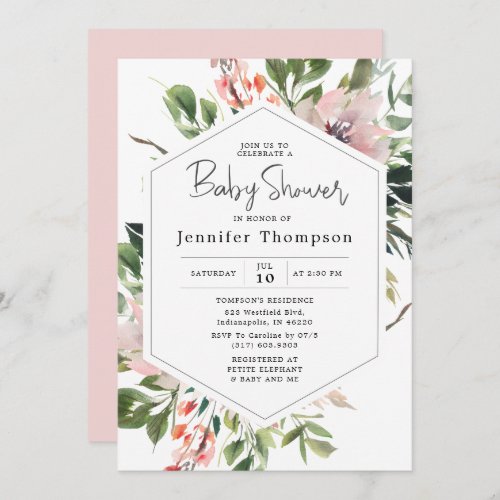 Blush Florals  Greenery Watercolor Baby Shower Invitation