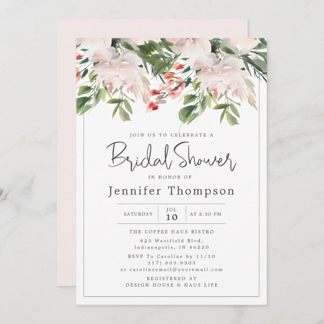 Blush Florals & Greenery Watercolor Bridal Shower Invitation (Front/Back)