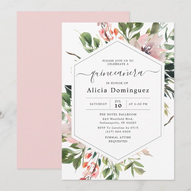 Blush Florals & Greenery Watercolor Quinceañera Invitation (Front/Back)