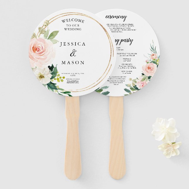 Blush Florals Round Gold Wedding Program Fan (Front and Back)