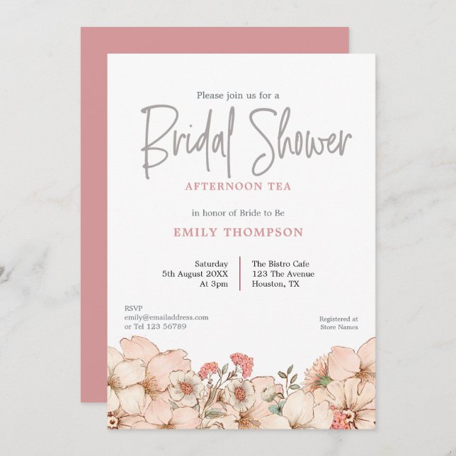 Blush Florals Script Bridal Shower Tea Invitation (Front/Back)