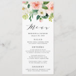 Blush Florals | Wedding Menu Card<br><div class="desc">Elegant custom wedding menu card featuring a top border of painted watercolor flowers and foliage in blush pink,  white,  and vibrant green. Personalize the custom wedding menus by adding your names,  wedding date,  and wedding menu details.</div>