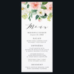 Blush Florals | Wedding Menu Card<br><div class="desc">Elegant custom wedding menu card featuring a top border of painted watercolor flowers and foliage in blush pink,  white,  and vibrant green. Personalize the custom wedding menus by adding your names,  wedding date,  and wedding menu details.</div>