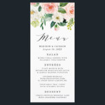 Blush Florals | Wedding Menu Card<br><div class="desc">Elegant custom wedding menu card featuring a top border of painted watercolor flowers and foliage in blush pink,  white,  and vibrant green. Personalize the custom wedding menus by adding your names,  wedding date,  and wedding menu details.</div>