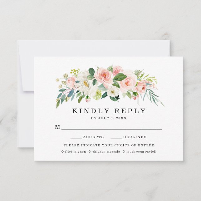 Blush Florals | Wedding RSVP Card With Meal Choice (Front)