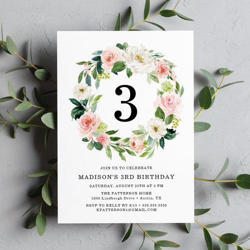 Blush Florals  Wreath Birthday Party Invitation