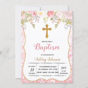 Blush flower glitter baptism party invitation