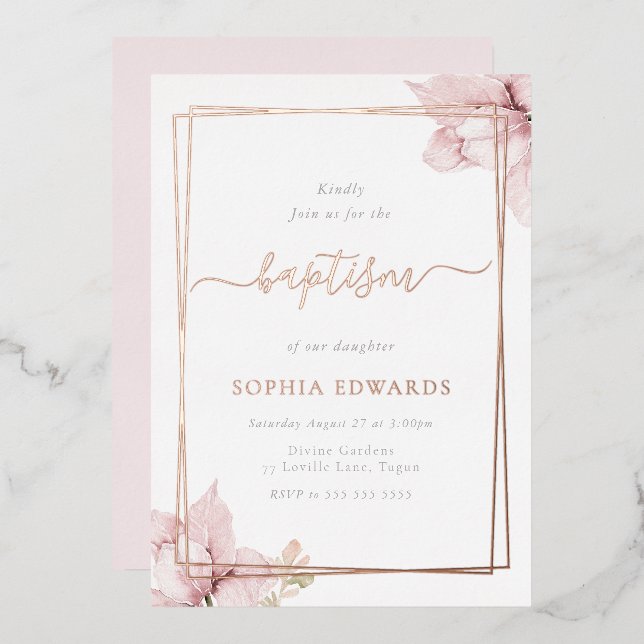 Blush Flower Petal Elegant Girls Baptism Rose Gold Foil Invitation (Front/Back)
