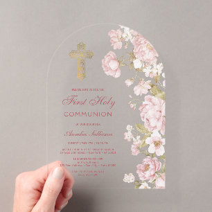 Blush Flowers Arch First Communion Acrylic Invitations