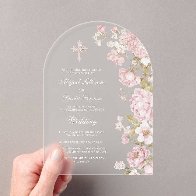 Blush Flowers Arch Wedding Acrylic Invitations (Insitu (Handheld))