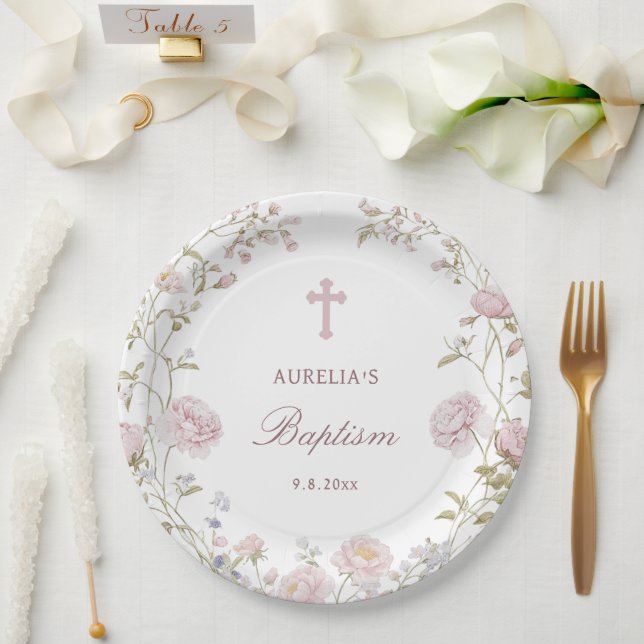 Blush Flowers Baptism Paper Plates (Wedding)