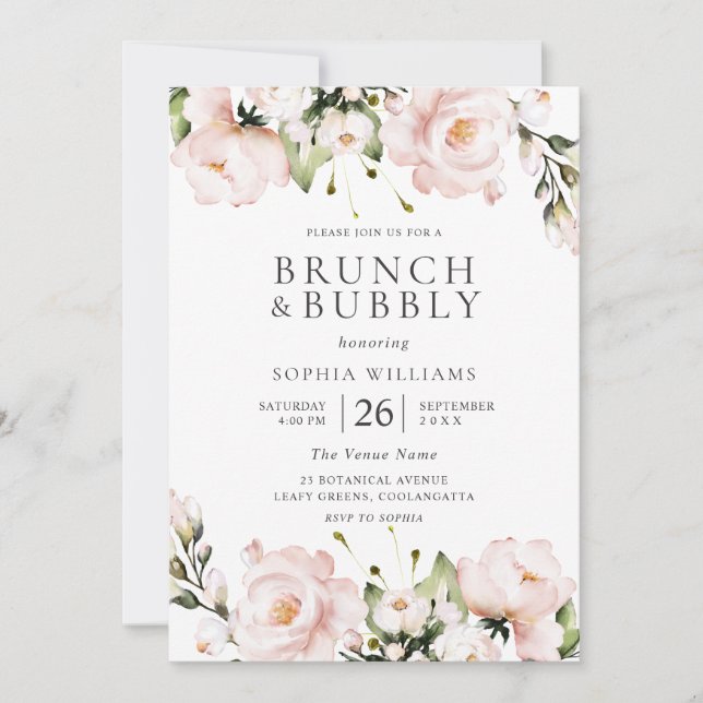 Blush Flowers Brunch & Bubbly Bridal Shower Invitation (Front)