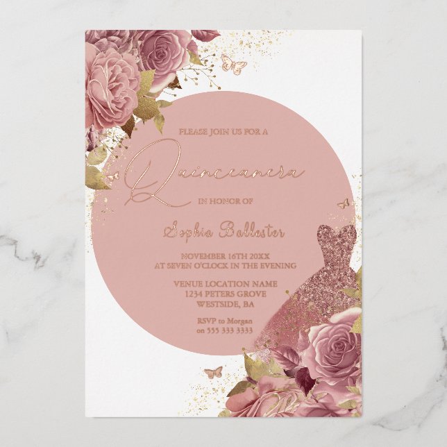 Blush Flowers & Dress Quinceanera Rose Gold Foil Invitation (Front)