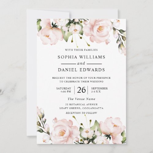 Blush Flowers Elegant All Seasons Wedding Invitation