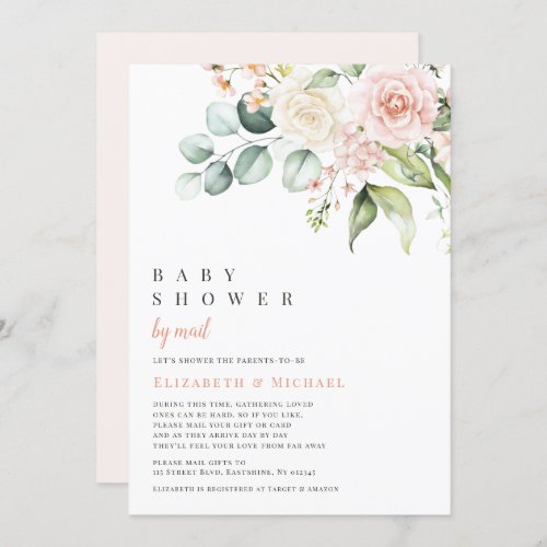 Blush Flowers Eucalyptus Baby Shower By Mail Invitation - Blush Flowers Eucalyptus Baby Shower By Mail Invitation