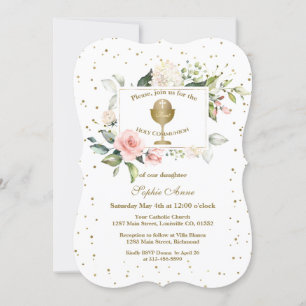 Blush Flowers Gold Confetti Girl Holy Communion Invitation