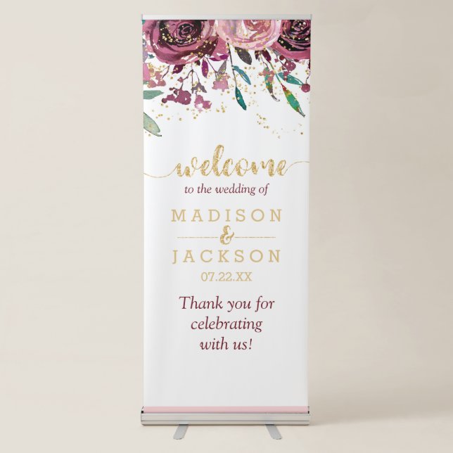 Blush Flowers & Gold Confetti Wedding Welcome Retractable Banner (Front)