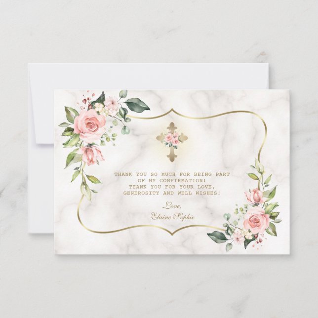 Blush Flowers Gold Cross Marble Confirmation Thank You Card (Front)