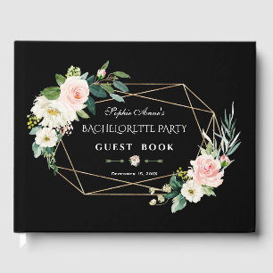 Blush Flowers Gold Frame Black Bachelorette Party Guest Book