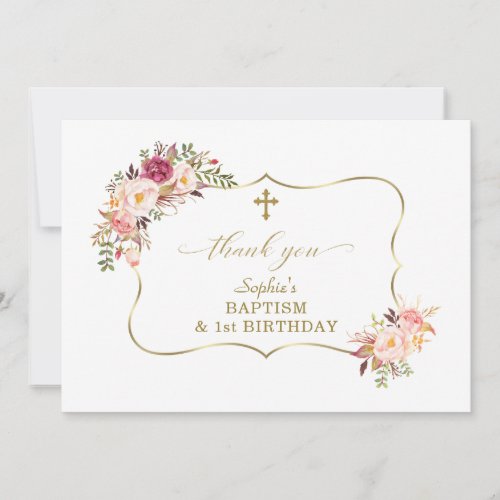 Blush Flowers Gold Girl 1st Birthday Baptism Thank You Card