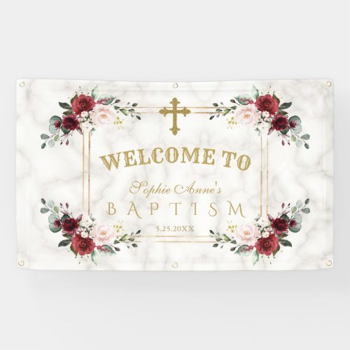 Blush Flowers Gold Marble Baptism Welcome Sign