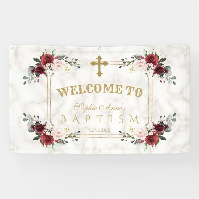 Blush Flowers Gold Marble Baptism Welcome Sign (Horizontal)