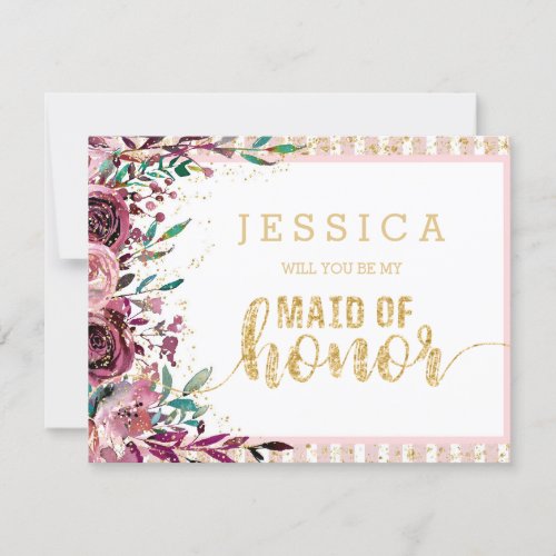Blush Flowers Gold Will You Be My Maid of Honor Invitation