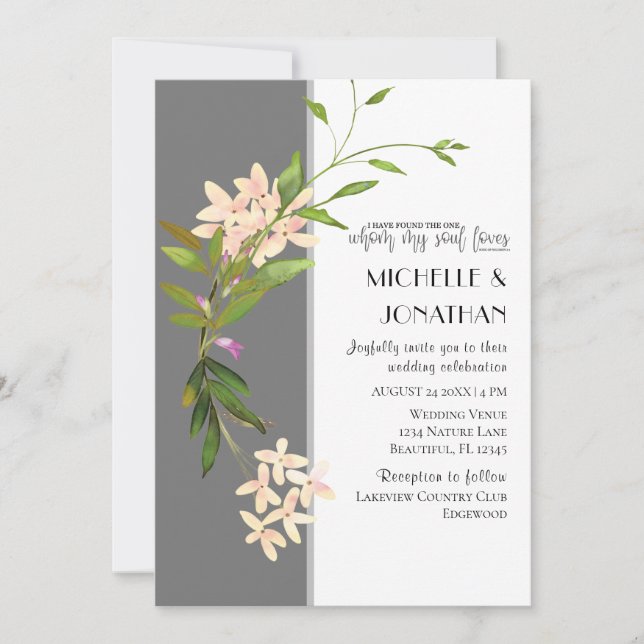 Blush Flowers Greenery on Grey Christian Wedding Invitation (Front)