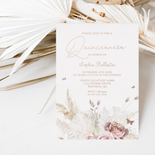 Blush Flowers Ivory Quinceanera Party Rose Gold Foil Invitation