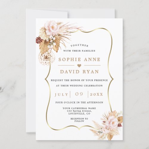 Blush Flowers Pampas Grass All In One Wedding Invitation