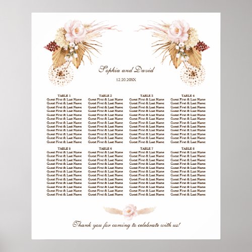 Blush Flowers Pampas Grass Wedding Seating Chart