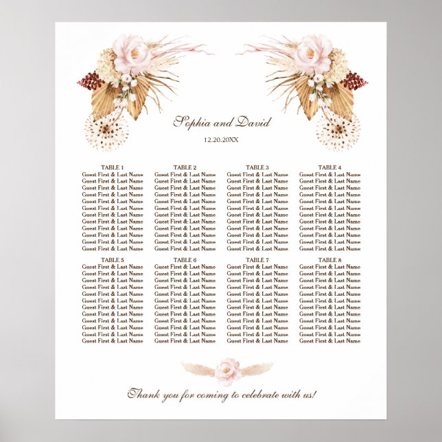 Blush Flowers Pampas Grass Wedding Seating Chart (Front)