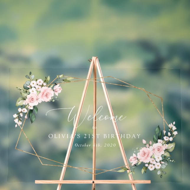 Blush Flowers, Pink Flowers, Birthday Welcome Acrylic Sign (Neutral)
