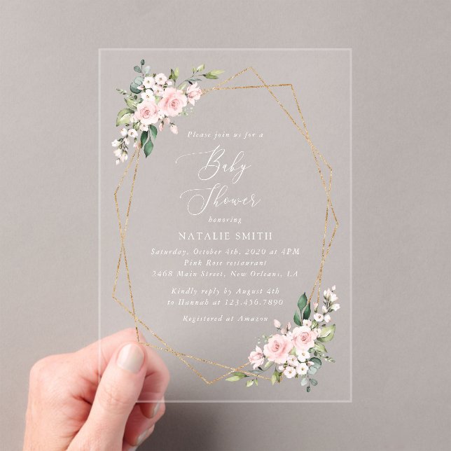 Blush Flowers, Pink Flowers, Boho, Baby Shower Acrylic Invitations (Insitu (Handheld))