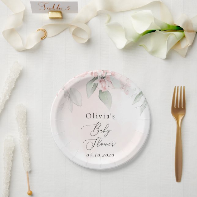 Blush Flowers, Pink Flowers, Boho, Baby Shower Paper Plates (Wedding)