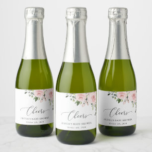 Blush Flowers, Pink Flowers, Boho, Baby Shower Sparkling Wine Label