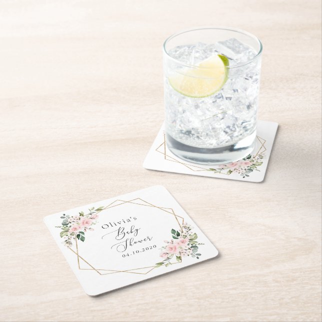 Blush Flowers, Pink Flowers, Boho, Baby Shower Square Paper Coaster (Insitu)