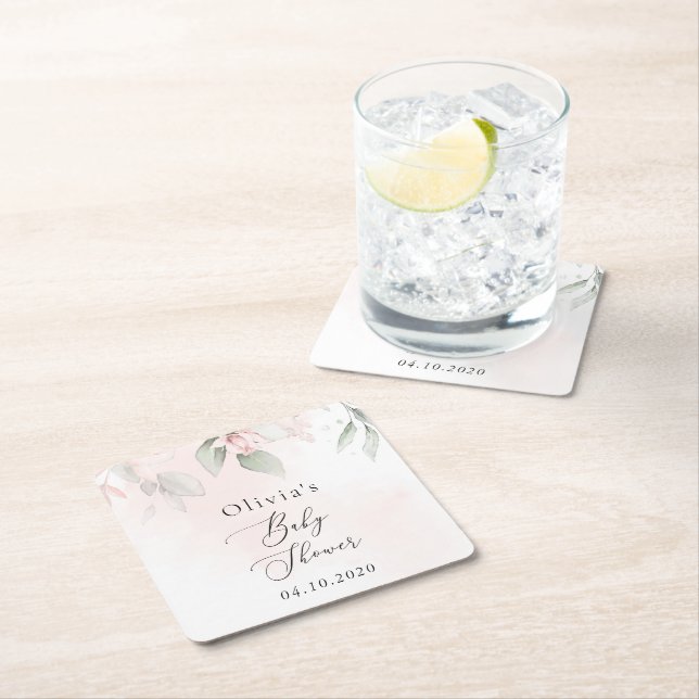 Blush Flowers, Pink Flowers, Boho, Baby Shower Square Paper Coaster (Insitu)