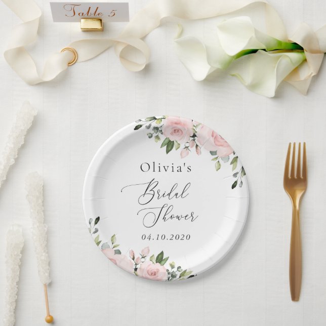 Blush Flowers, Pink Flowers, Boho, Bridal Shower Paper Plates (Wedding)